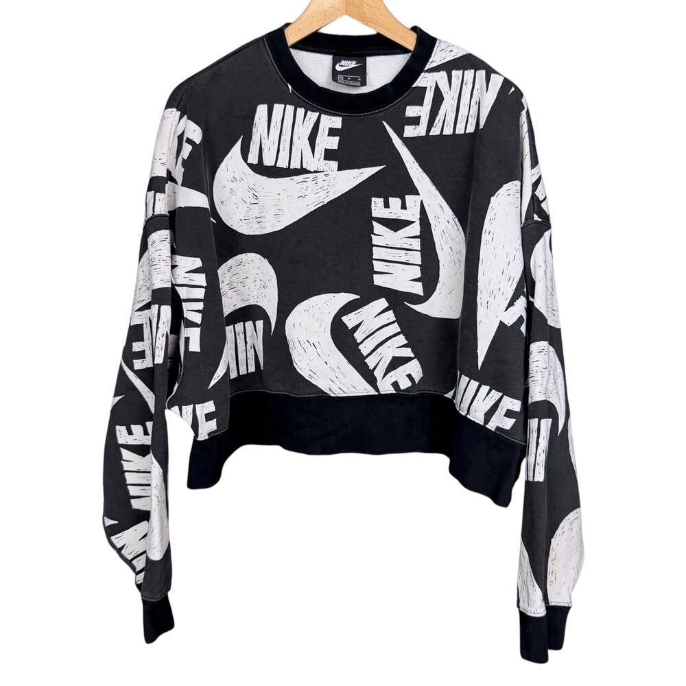 Nike Icon Women's Medium Cropped All Over Logo Black White Sweatshirt Streetwear - Picture 8 of 8